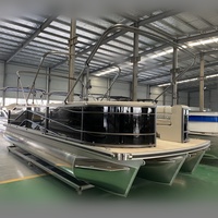 Catamaran de pêche flottant gonflable 19ft/5.8m Bateau ponton de divertissement familial avec coque en aluminium Moteur hors-bord