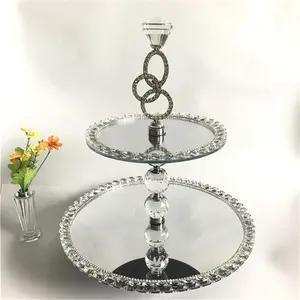 Wholesale wedding table decoration rotating 2 layer round silver crystal glass mirror plates cake stand for fruits or cake