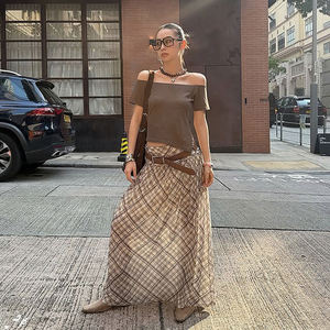 กระโปรงแม็กซี่ลายสก็อตสไตล์เรโทรสำหรับผู้หญิง เอวต่ำ แต่งสีตัดกัน ผ้าซีทรู หลายชั้น พลิ้วไหว ยาว เหมาะสำหรับแฟชั่นฤดูร้อน - Product Image 1