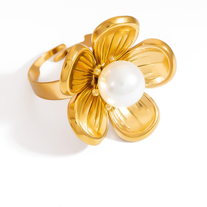 Bague en acier inoxydable avec fleur et perle, sertissage clos de perle blanche, bijoux de fête DIY pour femme, origine Yiwu PJ91245 - Product Image 5