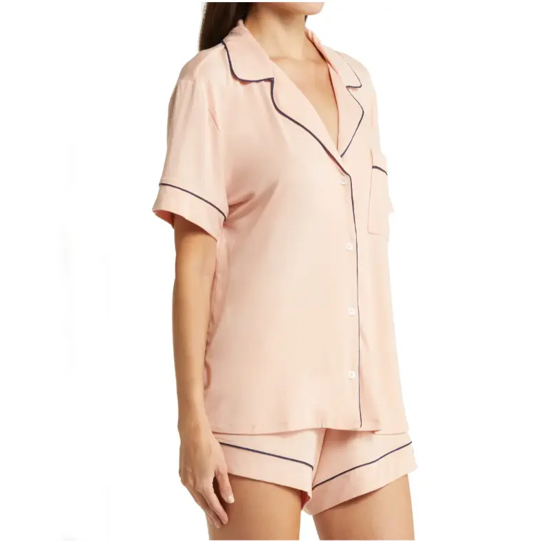 Conjunto de pijamas de algodão feminino Soft Modal 200g Botão Camisa de manga curta com shorts Pijamas Conjunto