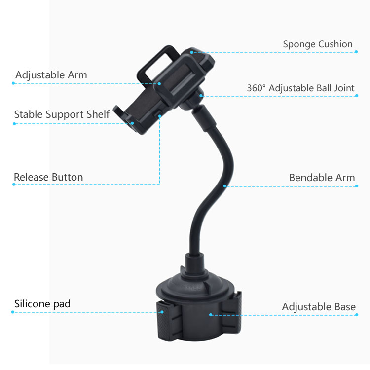 Qipu Tech Black Adjustable 360° Rotating Car Cup Phone Holder - Universal Extendable Arm Mount
