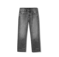Jeans droits déchirés pour hommes, taille mi-haute, couleur unie, délavage vintage, effet moustaches de chat, denim selvedge importé avec patch en peau de mouton, ODM OEM