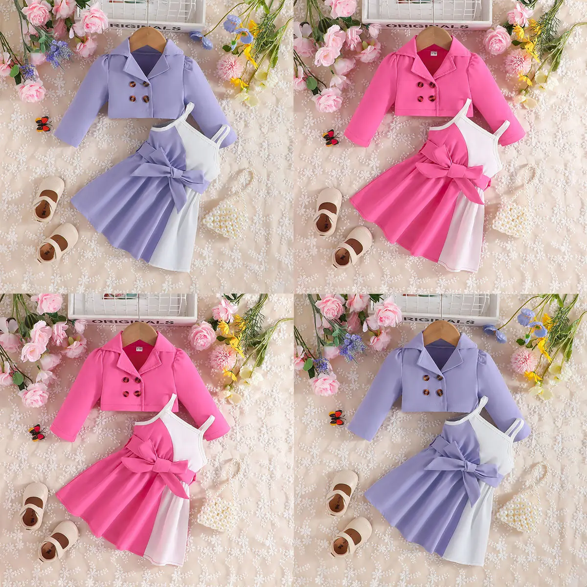 Elegant Toddler Girls Clothing Set 2024 Stylish Color Block Belt Cami Dress Long Sleeve Coat 2PCS Casual Party Clothes For Girls