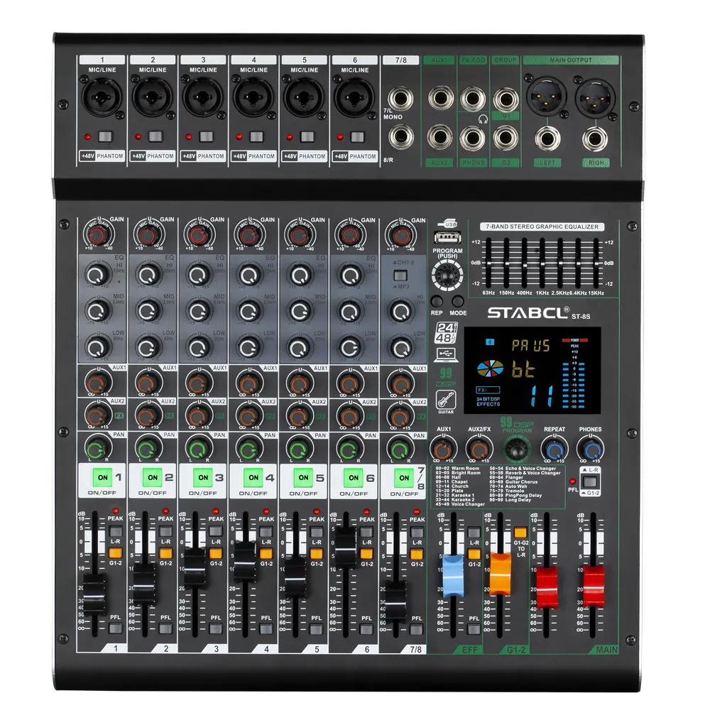 Stabecl ST-8S Mixer profissional de 8 canais, mais novo mixer de áudio digital profissional de 99 dsp, com desempenho de palco equilibrado