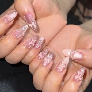 Vente en gros à bas prix, Faux ongles à presser semi-artisanaux appliqués à la machine, <span class=keywords><strong>Manucure</strong></span> française 3D avec nœuds et perles, Rose effet miroir magique - Product Image 2