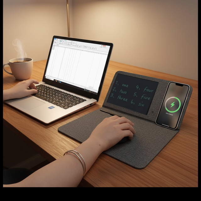 Smart Desk Organizer with 15W Wireless Charging Pad and Digital LCD Writing Tablet Erasable Electronic Notepad Mousepad