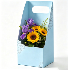 Caja de Papel para Flores con Asa y Estampado Floral de Color <span class=keywords><strong>Azul</strong></span> Claro Personalizada, para Ramos de Rosas y Tulipanes Frescos, Empaque para Regalos Navideños - Product Image 3