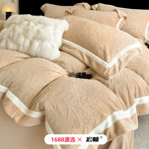 Milk Fleece Four-Piece <b>Bedding</b> <b>Set</b> Thickened Warm Anti-Static Winter Baby <b>Bedding</b> Plants And Flowers Pattern Simple Style - Product Image 2