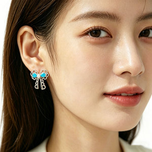 French Style <b>Turquoise</b> Blue Teardrop Bow Pearl <b>Stud</b> <b>Earrings</b> With S925 Silver Posts For Everyday Wear - Product Image 2