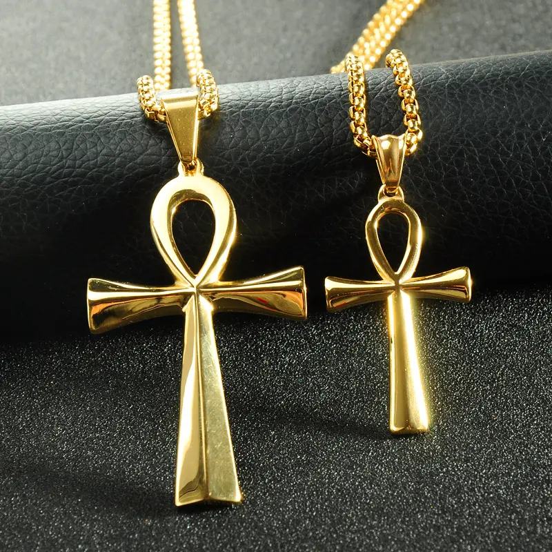Nie Verblassen Religiöse Schmuck Hüften Hopfen Gold Überzogene Edelstahl Kreuz Halskette Titan Stahl Ankh Kreuz Anhänger Halsketten