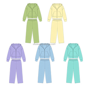 Completo Invernale per Ragazze in Tessuto Yoga, Giacca con Cappuccio e Bordo Arricciato, <span class=keywords><strong>Pantaloni</strong></span> Abbinati per Uso Quotidiano, Taglia e Colore Personalizzabili - Product Image 2