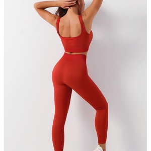 Factory Wholesale Seamless Rib Yoga Wear Suit Women Sportswear Quick Dry Fitness Running <b>Tight</b> Sports Bra and Legging Set - Product Image 6