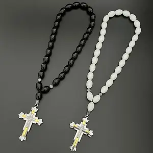 Rosaries Two-tone Paved Crystal Rhinestone Cross Pendant Necklace Glass Beads Rosary For Men Jewelry Gifts Car Parts