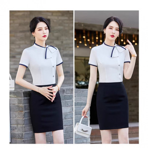 Women's Professional Short Sleeve Shirt Solid Color Ribbon Collar Workwear For Hotel Receptionist Beauty Salon Uniform Set - Product Image 1