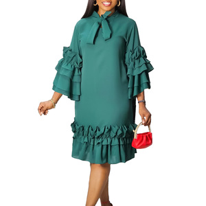 Vendita calda da <span class=keywords><strong>donna</strong></span> in tinta unita Plus Size eleganti <span class=keywords><strong>abiti</strong></span> Casual con maniche a volant eco-friendly da <span class=keywords><strong>donna</strong></span> - Product Image 5
