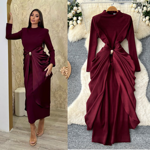 Elegante Abito a Collo Semi-Alto con <span class=keywords><strong>Maniche</strong></span> <span class=keywords><strong>Lunghe</strong></span> Plissettate per Donne, <span class=keywords><strong>Rosso</strong></span>, Gonna Aderente a Linea A, Elegante Abito Lungo - Product Image 2