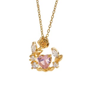 Collare De Acero inossidabile romantico rosso zircone cristallo cuore rosa collane da donna in acciaio inox catena di gioielli - Product Image 4