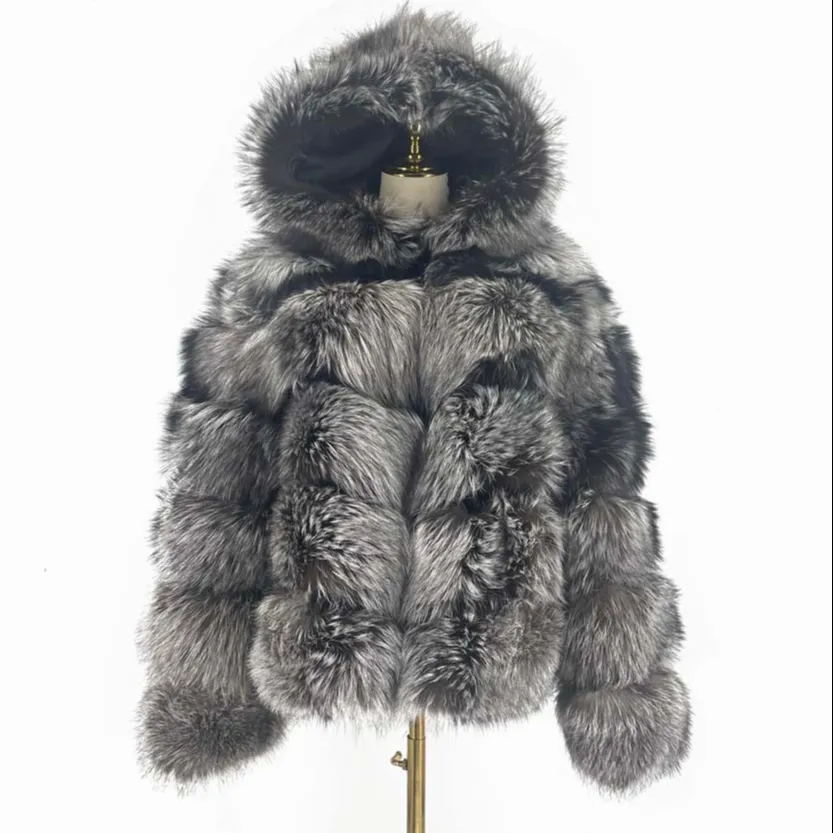 QIUCHEN-QC8143 hiver mans réel fourrure de renard veste avec capuche col debout tenue sweats à capuche grande taille manteau