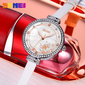 Skmei Women's Quartz Watch Rose Gold Dial Pink Leather Strap Diamond Case Elegant Casual Student Watch 10mm Thin - Product Image 2