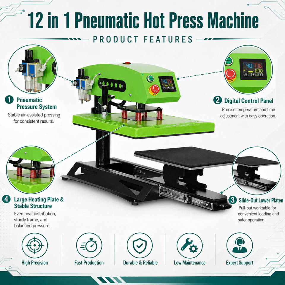 12 in 1 Pneumatic Heat Press Pneumatic Pressure System For Hats Fabric ...