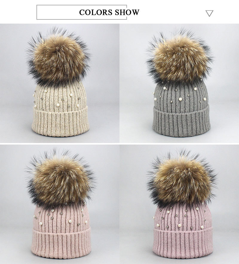 SF0556 женская вязаная шапка с помпоном из натурального меха енота с жемчугом