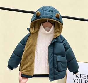 Veste matelassée à capuche avec oreilles d'ours pour enfants, manteau d'hiver épais doublé de polaire pour tout-petits garçons et filles, vêtements d'extérieur chauds de couleur unie - Product Image 3