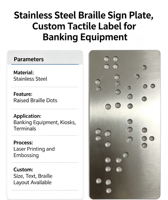 Plaque signalétique en braille en acier inoxydable, étiquette tactile personnalisée pour équipement bancaire