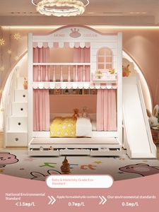 Cama litera de <span class=keywords><strong>madera</strong></span> para niñas, tamaño doble, con tobogán de casa del árbol para espacios pequeños - Product Image 2