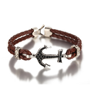 สร้อยข้อมือหนัง PU ถักลายสมอเรือชุบเงินโบราณ ปรับขนาดได้ สไตล์วินเทจ สำหรับผู้ชาย ของขวัญเครื่องประดับแฟชั่นสำหรับผู้ชาย - Product Image 1