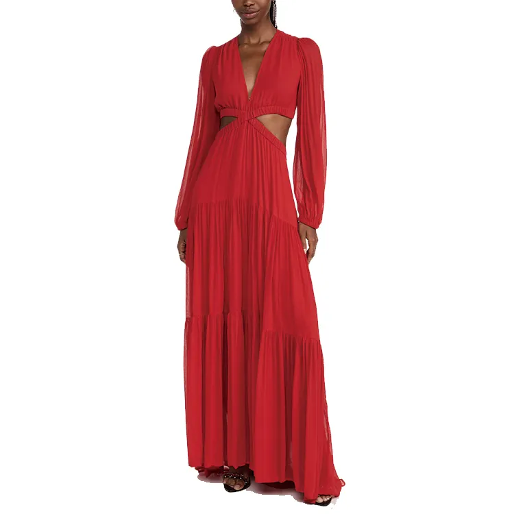 Abito a trapezio con scollo a v a maniche lunghe in chiffon di moda maxi abiti casual con dettagli ritagliati personalizzati