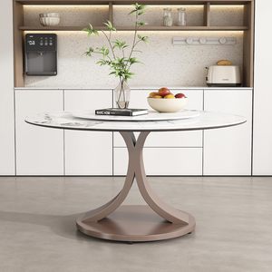 Juego de mesa de comedor moderno de acero inoxidable de 7 piezas 53 \ "parte superior de piedra sinterizada <span class=keywords><strong>Lazy</strong></span> <span class=keywords><strong>Susan</strong></span> doble C Base 6 sillas ensambladas para vivir - Product Image 1