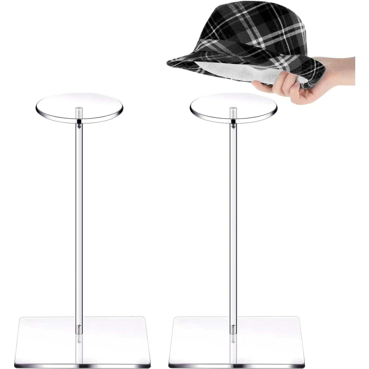2 Sets 12 inch Acrylic Hat Stand Wig Display Rack Clear Pedestal Stand Baseball Hat Rack Stand Square Round Acrylic Risers