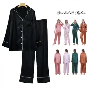 Ensemble de pyjamas longs en stock, pyjamas pour femmes en satin de soie de grande taille, pyjama de mariée de luxe pour demoiselle d'honneur vêtements de nuit 18 couleurs en gros