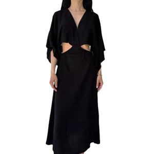 Robe longue en coton et lin, modèle OEM personnalisé, haute qualité, dos nu, sexy, amincissante, sans taille, col en V, fente haute - Product Image 5