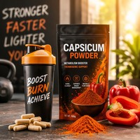 Poudre d'extrait de capsicum cristallin de qualité alimentaire naturelle (Capsaïcinoïdes) pour soulager la douleur, emballée sous vide dans un récipient en verre ou en conserve