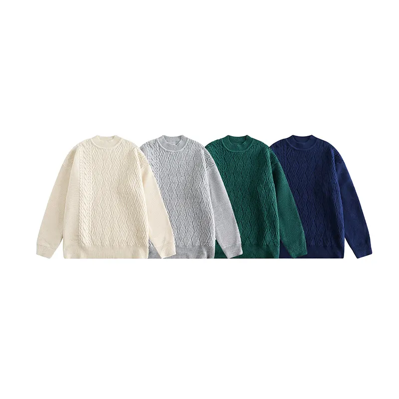 Custom OEM ODM Pullover Knit Sweatshirt Round Neck Long Solid Color Cable Knitted Sweater Men