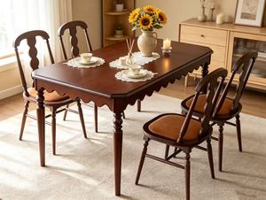 Vintage Dark <b>Wood</b> <b>Dining</b> <b>Table</b> Set, 4 Seater with Scalloped Edge & Upholstered Chairs - Product Image 4