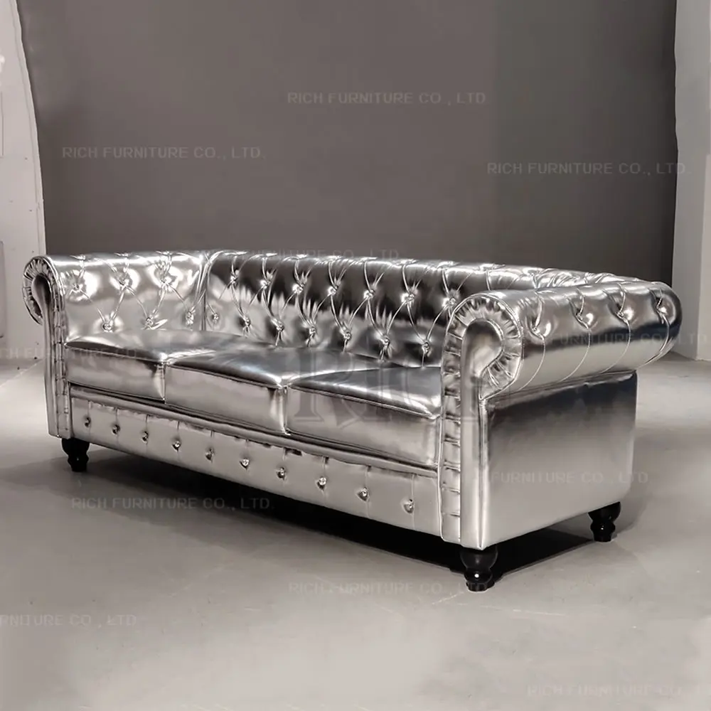 Commercial KTV club Furniture Diamond silver Chesterfield Vintage PU Leather Button Tufted Couch Hotel lobby Used Retro Sofa