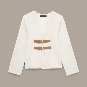 TRAFZA Retro Leather Buckle Woolen Coat Women's Fashion Solid V-Neck Long Sleeve Beige Autumn/Spring Chic Streetwear - Product Image 2