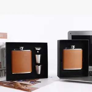 Flacon à whisky en acier inoxydable, personnalisé, 6oz, 7oz, 8oz, flacon de poche en cuir, ensemble cadeau avec entonnoir et tasses