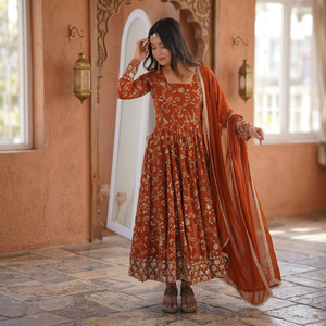 Women's Fancy Design Anarkali Elegant Embroidered Sequence Three Piece Gown-Pant Dupatta Set Party Reversible Quick Dry Wrinkle - Product Image 1