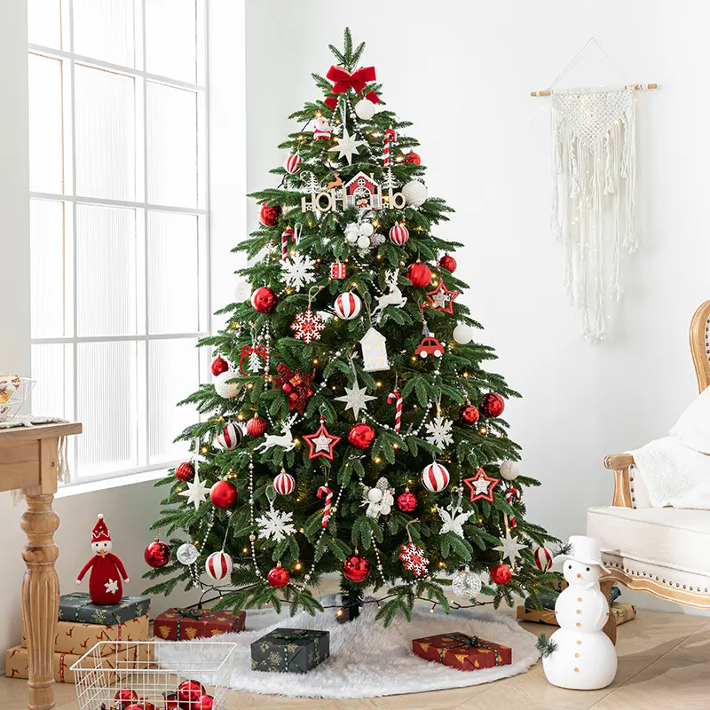 150-210Cm De Nieuwe Stijl Versierde Groene Kerstboom Met Rode Witte Ornamenten En Led Licht