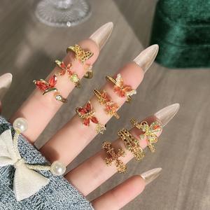 Ensemble de bagues ajustables R109 en laiton plaqué or 18 carats avec zircone cubique <span class=keywords><strong>orange</strong></span>, motifs papillon et fleur, pour femme, bijoux tendance - Product Image 4