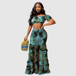 Floral Pleated <b>Elastic</b> Crop Top Maxi Casual Dresses Fashion Summer Natural Digital Printing Adults Short Dresses - Product Image 1