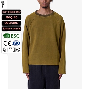 Men Washed Waffle <b>Raglan</b> Long Sleeve Tee Raw Hem Oversized Street <b>Top</b> OEM Custom - Product Image 1