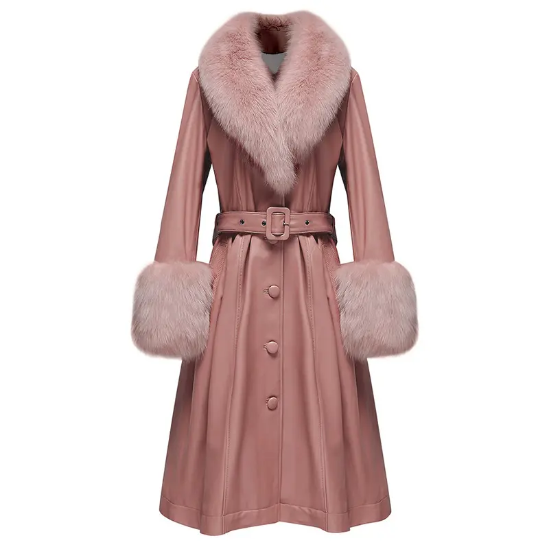 Hot Sale Winter Long Sheepskin Leather Fur Coat Genuine Leather Fur Jacket Women with Fox Fur Collar Cuffs
