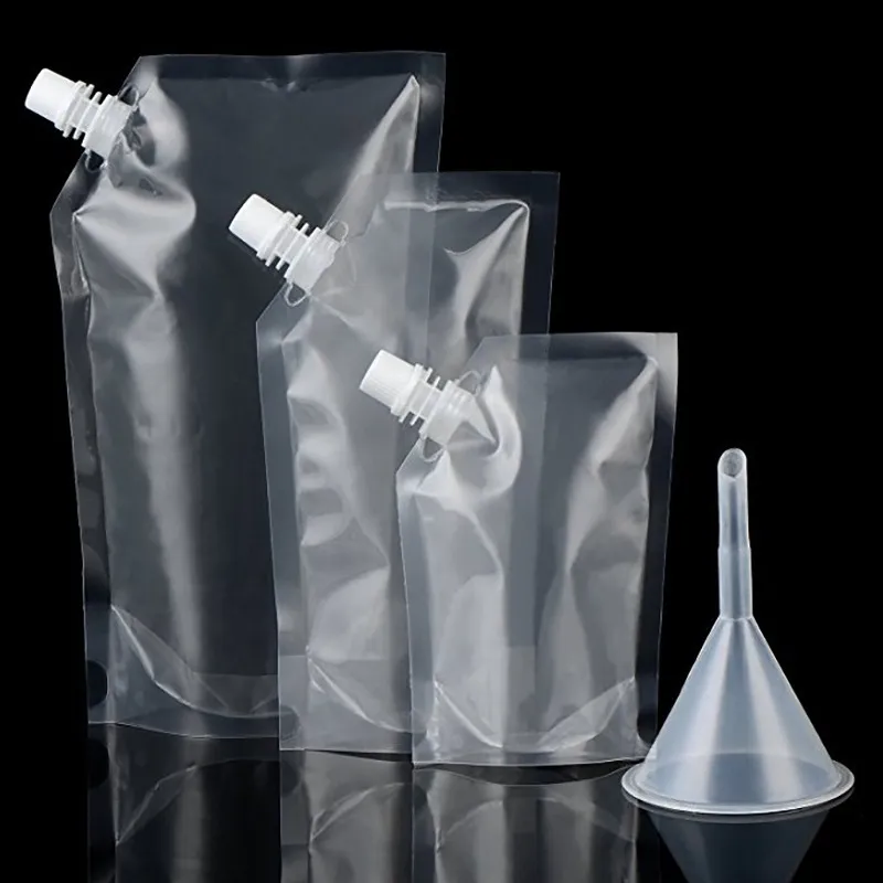 250ml 500ml OEM Logo personnalisé imprimé sac en plastique transparent sûr pour boire du vin Doypack sac d'emballage de jus avec bec