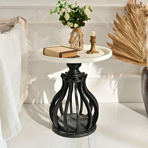 INNOVA Home European Style Modern Decorative <b>Round</b> White Wood Panel Top and <b>Black</b> Base Extendable Living Room <b>Side</b> Coffee <b>Table</b> - Product Image 3