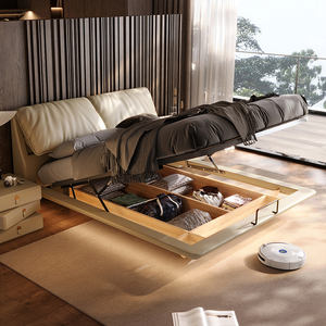 Lit double de luxe tendance en forme d'oreille d'éléphant, lit flottant en cuir véritable, lit de maître avec rangement, lit de mariage haut de gamme en bois massif - Product Image 2